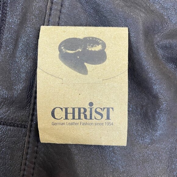 Christ Womens Dark Brown Leather Coat Button Front Shearling Collar Longline Sz - Picture 6 of 7